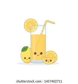 lemon juice. Cute kawai smiling cartoon juice with slices in a glass with juice straw.