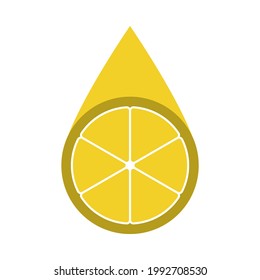 Lemon juice drop (citrus fruit) icon. Yellow segments overlay a droplet shape. Nutrition, health food supplement concept isolated on white background.
