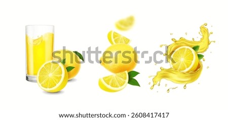 Lemon juice elements. Fresh lemonade glass drink with lemon fruit slices and juice splash. Citrus beverage. Vector realistic