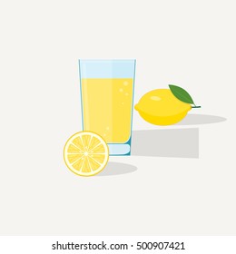 Lemon juice flat illustration. Half and whole lemon with glass of juice.