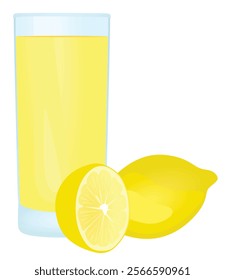 Lemon juice with a fresh lemons beside the glass, vector