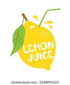 Lemon juice. Full lemon with straw and juice splash. Vector illustration isolated