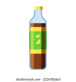 Lemon juice in a glass bottle isolated on white background. Colorful junk food package. Cartoon vector illustration. Fast food, plastic, product package concept