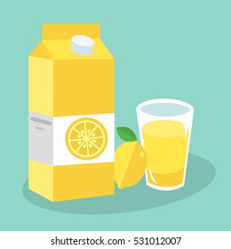 Lemon juice in glass. Carton box. Vector illustration. Flat design style