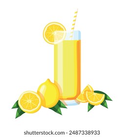 Lemon juice in a glass in cartoon style. Vector illustration of delicious and fresh lemonade juice in glass with straw, half and slice of lemon with green leaves isolated on white background.