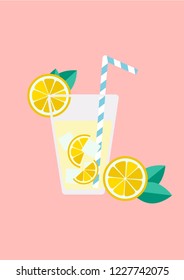 Lemon juice in glass illustration on pastel pink background