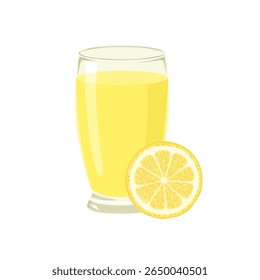 Lemon juice in glass and slice of citrus fruit isolated on white background. Vector cartoon flat illustration. Lemonade icon