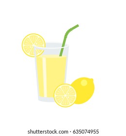 Lemon juice in glass with slice of lemon and green straw, flat design vector