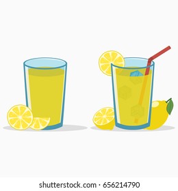 Lemon juice in a glass with lemon slice and half. Natural fresh citrus drink with straw and ice cube. Lemonade. Vector illustration.