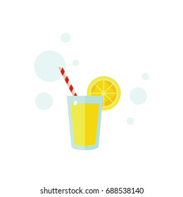 Lemon juice, Glass with straw, pitcher and lemon fruit. Icon of drink with fruit. Flat with shadow.