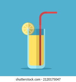 Lemon juice glass with straw and slice of fruit. Drink, cocktail, summer, dieting and beverage concept. Flat design. Vector illustration. EPS 8, no gradients, no transparency