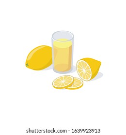 Lemon juice glass, yellow lemon slices. Vector 3d isometric, color web icon, new flat style. Creative illustration design, idea for infographics.