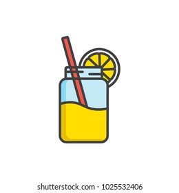 Lemon juice in jar flat line colored icon.