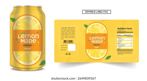 Lemon juice label design, lemon soft drink can label design. Soda can vector Energy drink label packaging design. Fruit juice bottle label template product packaging design