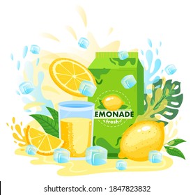 Lemon juice, lemonade package vector illustration. Cartoon flat fresh lemony juicy drink in glass, juice splashes, ice cubes and packaging of refreshing beverage for drinking isolated on white