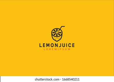 lemon juice logo. Lemon line slice design with a straw. Vector art line icon template