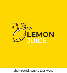 Lemon juice logo. Logotype with bright fresh lemonade. Summer drawing for a smoothies shop. Vector line art illustration