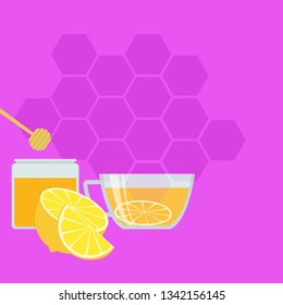 Lemon juice mixed with honey in glass The scene is decorated with hexagonal honeycomb, purple graphic pattern.