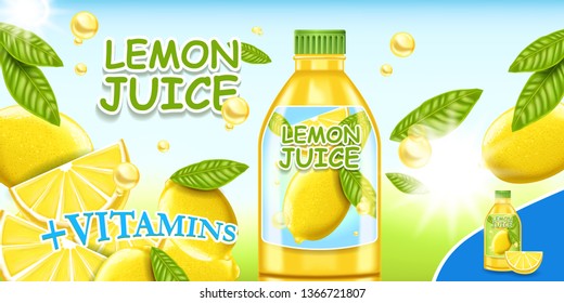 Lemon juice. Natural tasty drink, vitamin product. Vector realistic illustration.