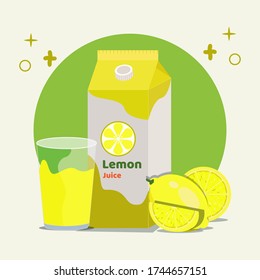 Lemon juice on box packaging and on glass vector illustration