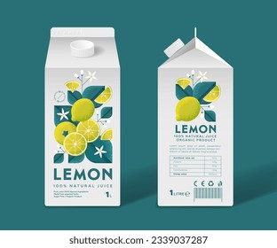 Lemon Juice packaging. Apples with leaves and flowers. Grain and Noise Texture. Templates of Juice box.