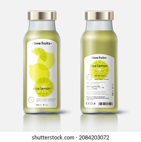 Lemon juice packaging. Beautiful transparency whole and cut fruits. Bottle template with face and back labels. 