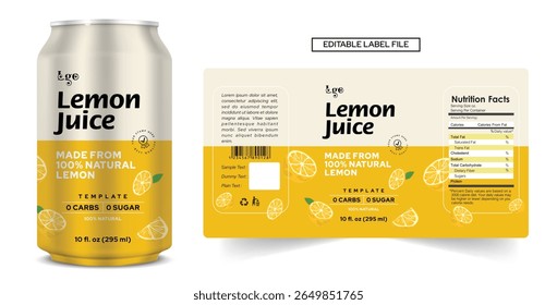 Lemon Juice Packaging Design, Citrus Limon Soft Drink Label, Soda Can Vector, Energy Drink Sticker, Fruit Juice Bottle Label Template