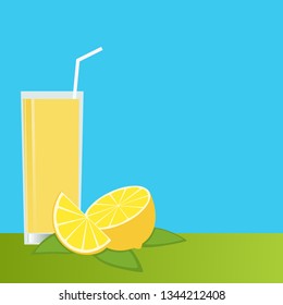 Lemon juice, ready to drink Bright blue backdrop,detox water with lemon.