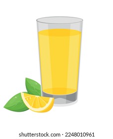 Lemon juice in a simple glass. Green leaves with yellow fruit. Citrus. Fresh. Drink. Beverage. Icon. Vector element on a white backdrop. Bright illustration. Healthy.