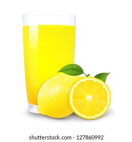 Lemon Juice And Slices Of Orange With Gradient Mesh, Isolated On White Background, Vector Illustration