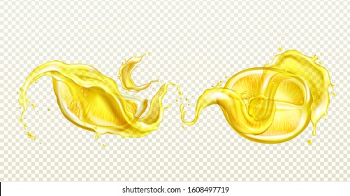 Lemon juice splash realistic vector illustration. Half lemon, sliced tropical yellow fruit with zest or peel, falling flowing liquid with drops, isolated on transparent background, soda package design