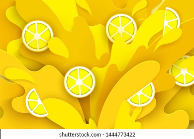 lemon juice splashes and drops in a paper cut style. orange slices and paper slices. soft shadows and rich bright colors. stock vector illustration.