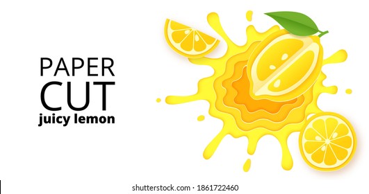 Lemon juice splashes and drops in a paper cut style. Lemon slices and paper slices. Isolated on white background vector illustration. Vector paper cut poster, banner, design template. Origami art