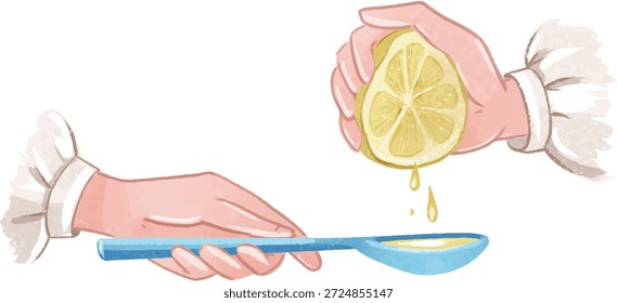 Zitronensaft. Zitrone gepresst.  Hand Rührteig in Schüssel, Kochen Prozess Cartoon flache Illustration Vektor 