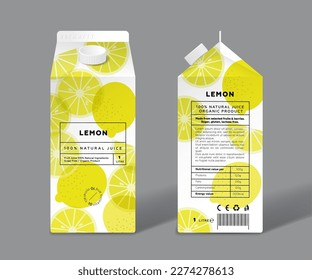 Lemon juice. Template packaging design. Whole, halves and slices of transparent fruits.