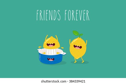 Lemon and juicer friends forever. Funny blue juicer squeezes lemon fruit. Use for card, poster, banner, web design and print on t-shirt. Easy to edit. Vector illustration.