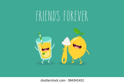 lemon and juicer   glass lemonade friends forever  Vector illustration  Use for card  poster  banner  web design   print t  shirt  Easy to edit  Vector illustration 