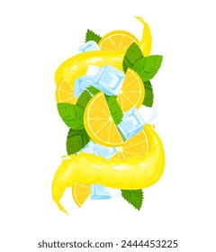 Lemon juicy drink splash with flat style juice wave, ice cubes, lime and mint leaves. Vector illustration