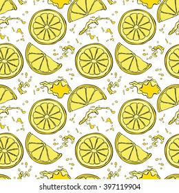 Lemon. Juicy fruit. Fruit splashes and drops. Spots juice. Vector seamless pattern (background).
