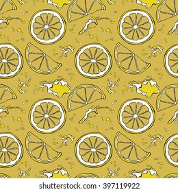 Lemon. Juicy fruit. Fruit splashes and drops. Spots juice. Vector seamless pattern (background).