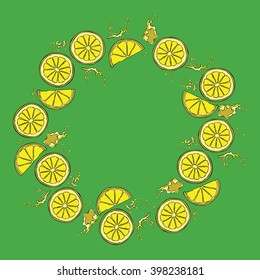 Lemon. Juicy fruit. Fruit splashes and drops. Spots juice. Frame.