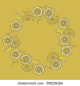 Lemon. Juicy fruit. Fruit splashes and drops. Spots juice. Frame.