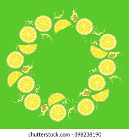 Lemon. Juicy fruit. Fruit splashes and drops. Spots juice. Frame.
