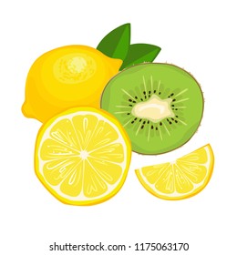 Lemon and kiwi isolated on white background. Vector illustration of tropical fruits in a simple flat style.