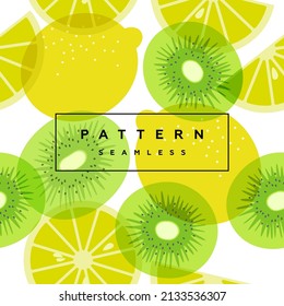 Lemon and kiwi seamless pattern. Transparent fruits,  leaves and frame with text is on separate layer.