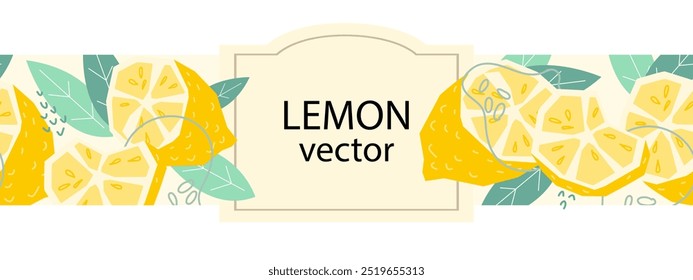 Lemon label design, hand drawn simple vector illustration on white background. Lemon frame background for food packaging and kitchen prints.