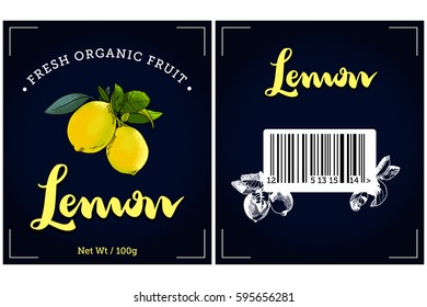 Lemon label design for product. Collection of food label design on dark background. Bar code design. Hand draw lettering Lemon.