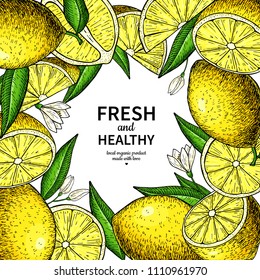 Lemon label vector drawing. Citrus fruit frame template. Hand drawn summer illustration. Banner, packaging design concept. Great for tea, juice, natural cosmetics, lemonade