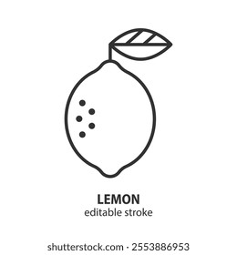 Lemon with leaf line icon. Citrus fruit symbol. Editable stroke. Vector illustration.