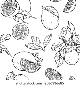 Lemon and leaf pattern. For cards, posters, textiles, etc. with hand drawn elements.